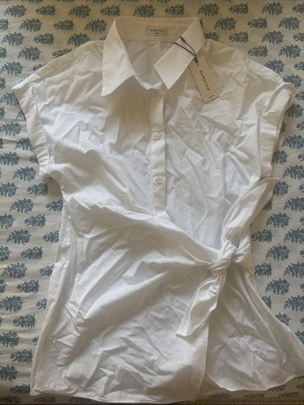 Babaton White Short-Sleeve Button-Front Top with Side Tie